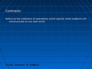 Contracts:

Refers to the collection of operations which specify what endpoint will
   communicate to out side world




Sunday, December 16, 2012
                       Arbind
 