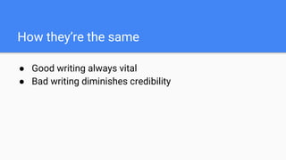 How they’re the same
● Good writing always vital
● Bad writing diminishes credibility
 