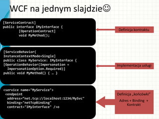 WCF na jednym slajdzie
Definicja „koocówki”
Adres + Binding +
Kontrakt
Definicja kontraktu
Implementacja usługi
[ServiceContract]
public interface IMyInterface {
[OperationContract]
void MyMethod();
[ServiceBehavior(
InstanceContextMode=Single]
public class MyService: IMyInterface {
[OperationBehavior(Impersonation =
ImpersonationOption.Required)]
public void MyMethod() { … }
<service name="MyService">
<endpoint
address=“net.tcp://localhost:1234/MySvc"
binding="netTcpBinding"
contract="IMyInterface" />o
 