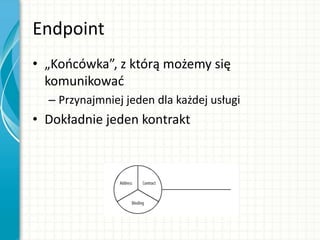 Endpoint
• „Koocówka”, z którą możemy się
komunikowad
– Przynajmniej jeden dla każdej usługi
• Dokładnie jeden kontrakt
 