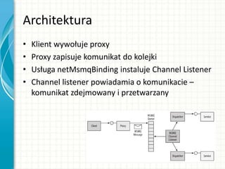Architektura
• Klient wywołuje proxy
• Proxy zapisuje komunikat do kolejki
• Usługa netMsmqBinding instaluje Channel Listener
• Channel listener powiadamia o komunikacie –
komunikat zdejmowany i przetwarzany
 