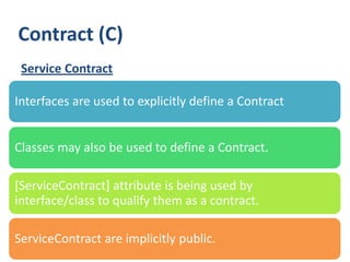 Contract (C)
 Service Contract

Interfaces are used to explicitly define a Contract


Classes may also be used to define a Contract.

[ServiceContract] attribute is being used by
interface/class to qualify them as a contract.

ServiceContract are implicitly public.
 23
 