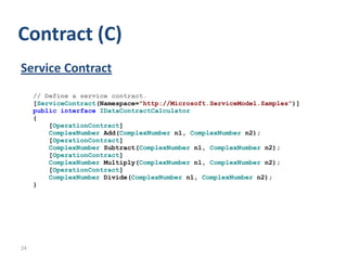 Contract (C)
Service Contract
     // Define a service contract.
     [ServiceContract(Namespace="http://Microsoft.ServiceModel.Samples")]
     public interface IDataContractCalculator
     {
         [OperationContract]
         ComplexNumber Add(ComplexNumber n1, ComplexNumber n2);
         [OperationContract]
         ComplexNumber Subtract(ComplexNumber n1, ComplexNumber n2);
         [OperationContract]
         ComplexNumber Multiply(ComplexNumber n1, ComplexNumber n2);
         [OperationContract]
         ComplexNumber Divide(ComplexNumber n1, ComplexNumber n2);
     }




24
 