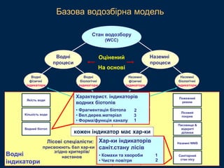 Водні
біологічні
процеси
Водні
фізичні
процеси
Наземні
фізичні
процеси
Наземні
біологічні
процеси
Водні
фізичні
індикатори
Водні
біологічні
індикатори
Наземні
фізичні
індикатори
Наземні
біологічні
індикатори
Водні
індикатори
Наземні
індикатори
Наземні
процеси
Водні
процеси
Стан водозбору
(WCC)
Оцінений
На основі
Групи процесів
складаються з 12
індикаторівСтан ґрунтів
Лісовий
покрив
Водна біота
Прибережна
рослинність
Пасовища &
відкриті
ділянки
Наземні NNIS
Санітарний
стан лісу
Якість води
Кількість води
Водний біотоп
Пожежний
режим
Мережа доріг
та стежок
Хар-ки індикаторів
саніт.стану лісів
• Комахи та хвороби
• Чисте повітря
кожен індикатор має хар-ки
Лісові спеціалісти:
присвоюють бал хар-ки
згідно критеріїв/
настанов 1
2
Характерист. індикаторів
водних біотопів
• Фрагментація біотопа
• Вел.дерев.матеріал
• Форма/функція каналу
2
3
1
Базова водозбірна модель
 