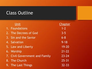 Class Outline
1. Foundations 1-2
2. The Decrees of God 3-5
3. Sin and the Savior 6-8
4. Salvation 9-18
5. Law and Liberty 19-20
6. Worship 21-22
7. Civil Government and Family 23-24
8. The Church 25-31
9. The Last Things 32-33
Unit Chapter