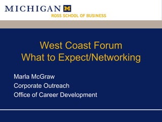 West Coast ForumWhat to Expect/Networking Marla McGraw  Corporate Outreach  Office of Career Development 