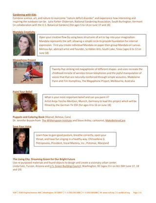 Gardening with Kids
Combine science, art, and nature to overcome “nature deficit disorder” and experience how interesting and
inspiring the outdoors can be. Julia Parker-Dickerson, National Gardening Association, South Burlington, Vermont
[in collaboration with the U.S. Botanical Gardens] (for ages 5 to 14 on June 17 and 18)

Mandala Creativity
                             Open your creative flow by using basic structures of art to tap into your imagination.
                             Mandala represents the self, allowing a simple circle to provide foundation for internal
                             expression. First you create individual Mandala on paper then group Mandala on canvas.
                             Melissa Ayr, abstract artist and founder, Scribbles Arts, South Lake, Texas (ages 6 to 12 on
                             June 18)

Megaphone Project


                                           Twenty-five striking red megaphones of different shapes and sizes recreate the
                                           childhood miracle of wireless tincan telephones and the joyful manipulation of
                                           voices that that are naturally reinforced through simple acoustics. Madeleine
                                           Flynn and Tim Humphrey, The Megaphone Project, Melbourne, Australia


Paint Your Belief
                                   What is your most important belief and can you paint it?
                                   Artist Antje Tesche-Mentzen, Munich, Germany to lead this project which will be
                                   filmed by the German TV ZDF (for ages 4 to 16 on June 18)



Puppets and Coloring Book (Marvel, Believe, Care)
Dr. Jennifer Bryson from The Witherspoon Institute and Steve Artley, cartoonist, MakeBelieveCare

Save Your Voice


                         Learn how to gain good posture, breathe correctly, open your
                         throat, and have fun singing in a healthy way. Chrissellene G.
                         Petropoulos, President, Vocal Mastery, Inc., Potomac, Maryland




The Living City: Dreaming Green for Our Bright Future
Use re-purposed materials and found objects to design and create a visionary urban center.
Linda Cato, Tucson, Arizona and U.S. Green Building Council, Washington, DC (ages 11+ on ALL DAY June 17, 18
and 19)




ICAF │ 2540 Virginia Avenue, NW │ Washington, DC 20037 │ T: +1 202 530 1000 │ F: +1 202 5301080 │ W: www.icaf.org │ E: wcf@icaf.org   Page | 11
 