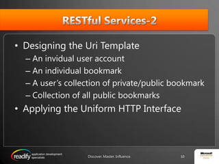RESTful Services-2Designing the Uri TemplateAn invidual user accountAn individual bookmarkA user’s collection of private/public bookmarkCollection of all public bookmarksApplying the Uniform HTTP InterfaceDiscover. Master. Influence.10