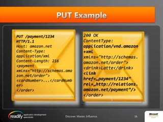 PUT ExamplePUT /payment/1234 HTTP/1.1Host: amazon.netContent-Type: application/xmlContent-Length: 216<payment xmlns="http://schemas.amazon.net/order"><cardNumber>...</cardNumber></order>200 OKContentType: application/vnd.amazon+xmlxmlns="http://schemas.amazon.net/order"><drink>Latte</drink><link href=„payment/1234” rel=„http://relations.amazon.net/payment”/></order>lDiscover. Master. Influence.16