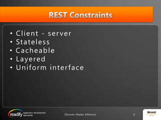 REST ConstraintsClient - serverStatelessCacheableLayeredUniform interfaceDiscover. Master. Influence.6