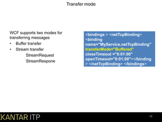 Transfer mode

WCF supports two modes for
transferring messages
• Buffer transfer
• Stream transfer
StreamRequest
StreamRespone

<bindings > <netTcpBinding>
<binding
name="MyService.netTcpBinding"
transferMode="Buffered"
closeTimeout ="0:01:00"
openTimeout="0:01:00"></binding
> </netTcpBinding> </bindings>

15

 