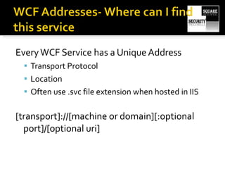 Every WCF Service has a Unique Address Transport Protocol Location Often use .svc file extension when hosted in IIS [transport]://[machine or domain][:optional port]/[optional uri] 