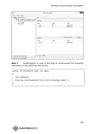Windows Communication Foundation
105
Step 2 FaultException is used in this step to communicate the exception
information to the client from the service.
public int Divide(int num1, int num2)
{
//Do something
throw new FaultException("Error while dividing number");
}
 