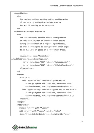 Windows Communication Foundation
25
</compilation>
<!--
The <authentication> section enables configuration
of the security authentication mode used by
ASP.NET to identify an incoming user.
-->
<authentication mode="Windows"/>
<!--
The <customErrors> section enables configuration
of what to do if/when an unhandled error occurs
during the execution of a request. Specifically,
it enables developers to configure html error pages
to be displayed in place of a error stack trace.
<customErrors mode="RemoteOnly"
defaultRedirect="GenericErrorPage.htm">
<error statusCode="403" redirect="NoAccess.htm" />
<error statusCode="404" redirect="FileNotFound.htm" />
</customErrors>
-->
<pages>
<controls>
<add tagPrefix="asp" namespace="System.Web.UI"
assembly="System.Web.Extensions, Version=3.5.0.0,
Culture=neutral, PublicKeyToken=31BF3856AD364E35"/>
<add tagPrefix="asp" namespace="System.Web.UI.WebControls"
assembly="System.Web.Extensions, Version=3.5.0.0,
Culture=neutral, PublicKeyToken=31BF3856AD364E35"/>
</controls>
</pages>
<httpHandlers>
<remove verb="*" path="*.asmx"/>
<add verb="*" path="*.asmx" validate="false"
type="System.Web.Script.Services.ScriptHandlerFactory,
 
