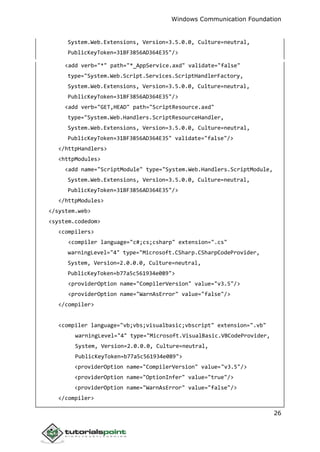 Windows Communication Foundation
26
System.Web.Extensions, Version=3.5.0.0, Culture=neutral,
PublicKeyToken=31BF3856AD364E35"/>
<add verb="*" path="*_AppService.axd" validate="false"
type="System.Web.Script.Services.ScriptHandlerFactory,
System.Web.Extensions, Version=3.5.0.0, Culture=neutral,
PublicKeyToken=31BF3856AD364E35"/>
<add verb="GET,HEAD" path="ScriptResource.axd"
type="System.Web.Handlers.ScriptResourceHandler,
System.Web.Extensions, Version=3.5.0.0, Culture=neutral,
PublicKeyToken=31BF3856AD364E35" validate="false"/>
</httpHandlers>
<httpModules>
<add name="ScriptModule" type="System.Web.Handlers.ScriptModule,
System.Web.Extensions, Version=3.5.0.0, Culture=neutral,
PublicKeyToken=31BF3856AD364E35"/>
</httpModules>
</system.web>
<system.codedom>
<compilers>
<compiler language="c#;cs;csharp" extension=".cs"
warningLevel="4" type="Microsoft.CSharp.CSharpCodeProvider,
System, Version=2.0.0.0, Culture=neutral,
PublicKeyToken=b77a5c561934e089">
<providerOption name="CompilerVersion" value="v3.5"/>
<providerOption name="WarnAsError" value="false"/>
</compiler>
<compiler language="vb;vbs;visualbasic;vbscript" extension=".vb"
warningLevel="4" type="Microsoft.VisualBasic.VBCodeProvider,
System, Version=2.0.0.0, Culture=neutral,
PublicKeyToken=b77a5c561934e089">
<providerOption name="CompilerVersion" value="v3.5"/>
<providerOption name="OptionInfer" value="true"/>
<providerOption name="WarnAsError" value="false"/>
</compiler>
 
