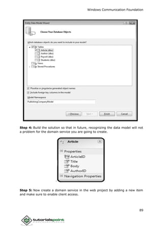Windows Communication Foundation
89
Step 4: Build the solution so that in future, recognizing the data model will not
a problem for the domain service you are going to create.
Step 5: Now create a domain service in the web project by adding a new item
and make sure to enable client access.
 