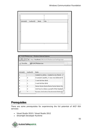 Windows Communication Foundation
93
Prerequisites
There are some prerequisites for experiencing the full potential of WCF RIA
services:
 Visual Studio 2010 / Visual Studio 2012
 Silverlight Developer Runtime
 