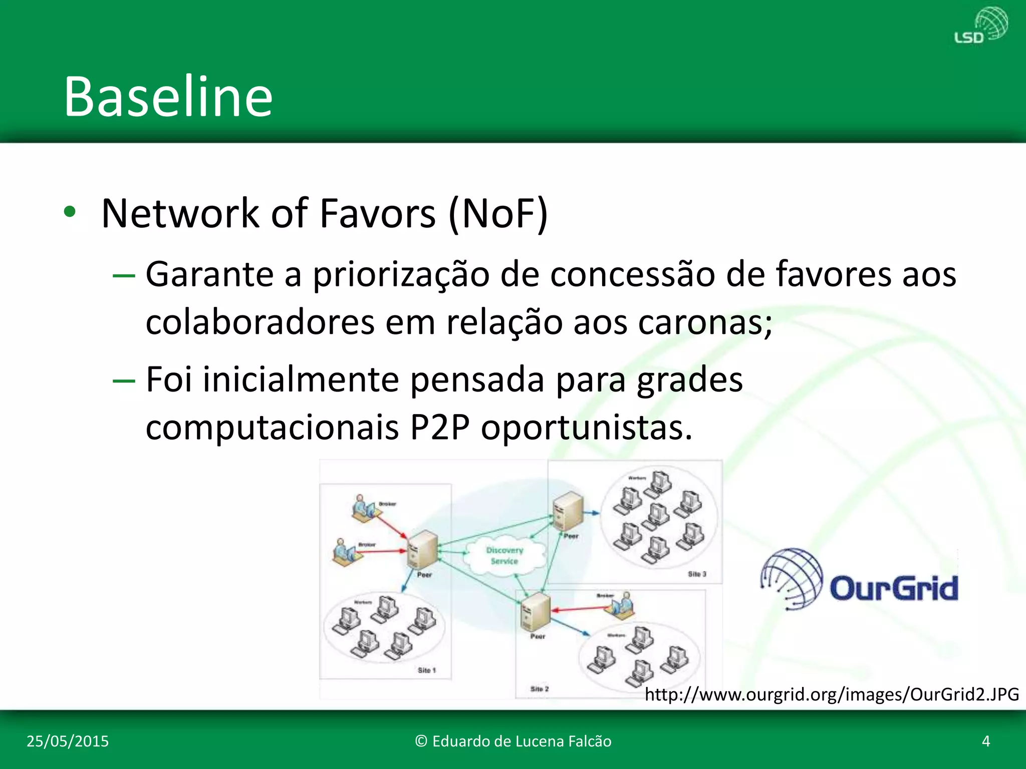 Baseline
• Network of Favors (NoF)
– Garante a priorização de concessão de favores aos
colaboradores em relação aos caronas;
– Foi inicialmente pensada para grades
computacionais P2P oportunistas.
25/05/2015 © Eduardo de Lucena Falcão 4
http://www.ourgrid.org/images/OurGrid2.JPG
 