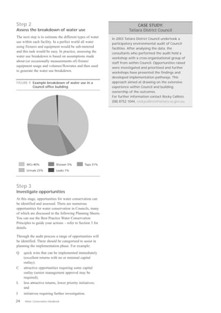 Step 2                                                                      CASE STUDY:
Assess the breakdown of water use                                      Tatiara District Council
The next step is to estimate the different types of water   In 2003 Tatiara District Council undertook a
use within each facility. In a perfect world all water      participatory environmental audit of Council
using fixtures and equipment would be sub-metered           facilities. After analysing the data, the
and this task would be easy. In practice, assessing the     consultants who performed the audit held a
water use breakdown is based on assumptions made            workshop with a cross-organisational group of
about (or occasionally measurements of) fixture/            staff from within Council. Opportunities raised
equipment usage and volumes/flowrates and then used         were investigated and prioritised and further
to generate the water use breakdown.                        workshops have presented the findings and
                                                            developed implementation pathways. This
FIGURE 9 Example breakdown of water use in a                approach aimed at drawing on the extensive
         Council office building                            experience within Council and building
                                                            ownership of the outcomes.
                                                            For further information contact Rocky Callisto
                                                            (08) 8752 1044, rockycallisto@tatiara.sa.gov.au.




       WCs 40%               Shower 5%          Taps 31%

       Urinals 23%           Leaks 1%




Step 3
Investigate opportunities
At this stage, opportunities for water conservation can
be identified and assessed. There are numerous
opportunities for water conservation in Councils, many
of which are discussed in the following Planning Sheets.
You can use the Best Practice Water Conservation
Principles to guide your actions – refer to Section 3 for
details.

Through the audit process a range of opportunities will
be identified. These should be categorised to assist in
planning the implementation phase. For example:
Q    quick wins that can be implemented immediately
     (excellent returns with no or minimal capital
     outlay);
C    attractive opportunities requiring some capital
     outlay (senior management approval may be
     required);
L    less attractive returns, lower priority initiatives;
     and
I    initiatives requiring further investigation.

24   Water Conservation Handbook
 