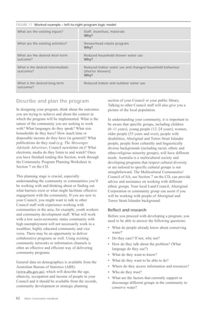 FIGURE 17 Worked example – left-to-right program logic model

What are the existing inputs?               Staff, incentives, materials
                                            Why?

What are the existing activities?           Showerhead rebate program
                                            Why?

What are the desired short-term             Reduced household shower water use
outcome?                                    Why?

What is the desired intermediate            Reduced indoor water use and changed household behaviour
outcomes?                                   (shorter showers)
                                            Why?

What is the desired long-term               Reduced indoor and outdoor water use
outcomes?



Describe and plan the program                               section of your Council or your public library.
                                                            Talking to other Council staff will also give you a
In designing your program, think about the outcomes         picture of the local population.
you are trying to achieve and about the context in
which the program will be implemented. What is the          In understanding your community, it is important to
nature of the community you are seeking to work             be aware that specific groups, including children
with? What languages do they speak? What size               (0–11 years), young people (12–24 years), women,
households do they have? How much time or                   older people (55 years and over), people with
disposable income do they have (in general)? What           disabilities, Aboriginal and Torres Strait Islander
publications do they read (e.g. The Messenger,              people, people from culturally and linguistically
Adelaide Advertiser, Council newsletter etc)? What          diverse backgrounds (including racial, ethnic and
electronic media do they listen to and watch? Once          ethno-religious minority groups), will have different
you have finished reading this Section, work through        needs. Australia is a multicultural society and
the Community Program Planning Worksheet in                 developing programs that respect cultural diversity
Section 7 on the CD.                                        or are tailored to specific cultural groups is not
                                                            straightforward. The Multicultural Communities'
This planning stage is crucial, especially                  Council of SA, see Section 7 on the CD, can provide
understanding the community or communities you’ll           advice and assistance on working with different
be working with and thinking about or finding out           ethnic groups. Your local Land Council, Aboriginal
what barriers exist or what might facilitate effective      Corporation or community group can assist if you
engagement with the community. If you are new to            will be working with people of Aboriginal and
your Council, you might want to talk to other               Torres Strait Islander background.
Council staff with experience working with
communities in the area, for example, youth workers         Reflect and research
and community development staff. What will work             Before you proceed with developing a program, you
with a low socio-economic status community with             need to be able to answer the following questions:
high unemployment will not necessarily work in a
wealthier, highly educated community and vice               •	 What do people already know about conserving
versa. There may be an opportunity to deliver                  water?
collaborative programs as well. Using existing              •	 Do they care? If not, why not?
community networks or information channels is               •	 How do they talk about the problem? (What
often an effective and efficient way of delivering             language do they use?)
community programs.
                                                            •	 What do they want to know?
General data on demographics is available from the          •	 What do they want to be able to do?
Australian Bureau of Statistics (ABS)                       •	 Where do they access information and resources?
(www.abs.gov.au), which will describe the age,              •	 Who do they trust?
ethnicity, occupation and income of people in your          •	 What are the factors that currently support or
Council and it should be available from the records,           discourage different groups in the community to
community development or strategic planning                    conserve water?

42   Water Conservation Handbook
 