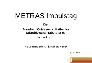 1
METRAS Impulstag
Der
Eurachem Guide Accreditation for
Microbiological Laboratories
in der Praxis
Heidemarie Schindl & Barbara Vanek
22.11.2016
 