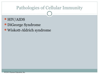 © 2012 Pearson Education, Inc.
Pathologies of Cellular Immunity
HIV/AIDS
DiGeorge Syndrome
Wiskott-Aldrich syndrome
 