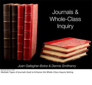 Journals &
                                                 Whole-Class
                                                   Inquiry




                            Joan Gallagher-Bolos & Dennis Smithenry
Wednesday, March 25, 2009                                                    1

Multiple Types of Journals Used to Enhance the Whole-Class Inquiry Setting
 