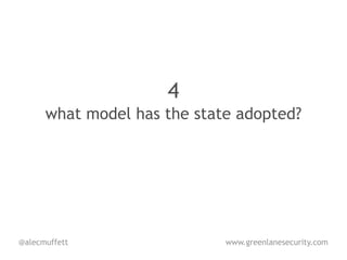 4
      what model has the state adopted?




@alecmuffett                 www.greenlanesecurity.com
 
