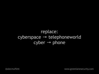 replace:
          cyberspace → telephoneworld
                 cyber → phone




@alecmuffett                 www.greenlanesecurity.com
 