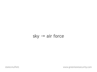 sky → air force




@alecmuffett                 www.greenlanesecurity.com
 