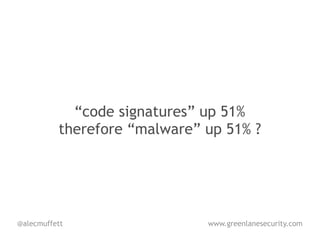 “code signatures” up 51%
          therefore “malware” up 51% ?




@alecmuffett                  www.greenlanesecurity.com
 