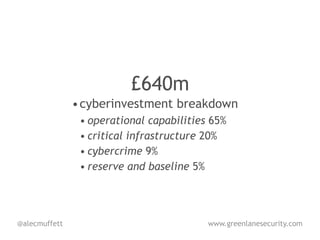 £640m
               • cyberinvestment breakdown
                • operational capabilities 65%
                • critical infrastructure 20%
                • cybercrime 9%
                • reserve and baseline 5%




@alecmuffett                              www.greenlanesecurity.com
 