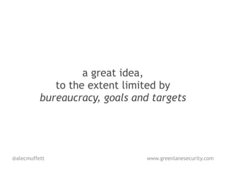 a great idea,
             to the extent limited by
          bureaucracy, goals and targets




@alecmuffett                   www.greenlanesecurity.com
 