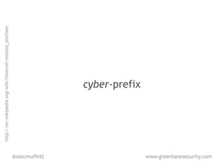 http://en.wikipedia.org/wiki/Internet-related_prefixes




@alecmuffett
                                                    cyber-prefix




www.greenlanesecurity.com
 