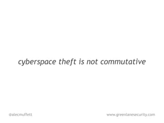 cyberspace theft is not commutative




@alecmuffett                www.greenlanesecurity.com
 