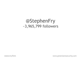 @StephenFry
               ~3,965,799 followers




@alecmuffett                   www.greenlanesecurity.com
 