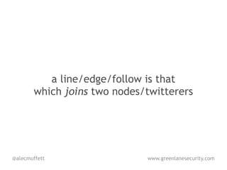 a line/edge/follow is that
       which joins two nodes/twitterers




@alecmuffett                 www.greenlanesecurity.com
 