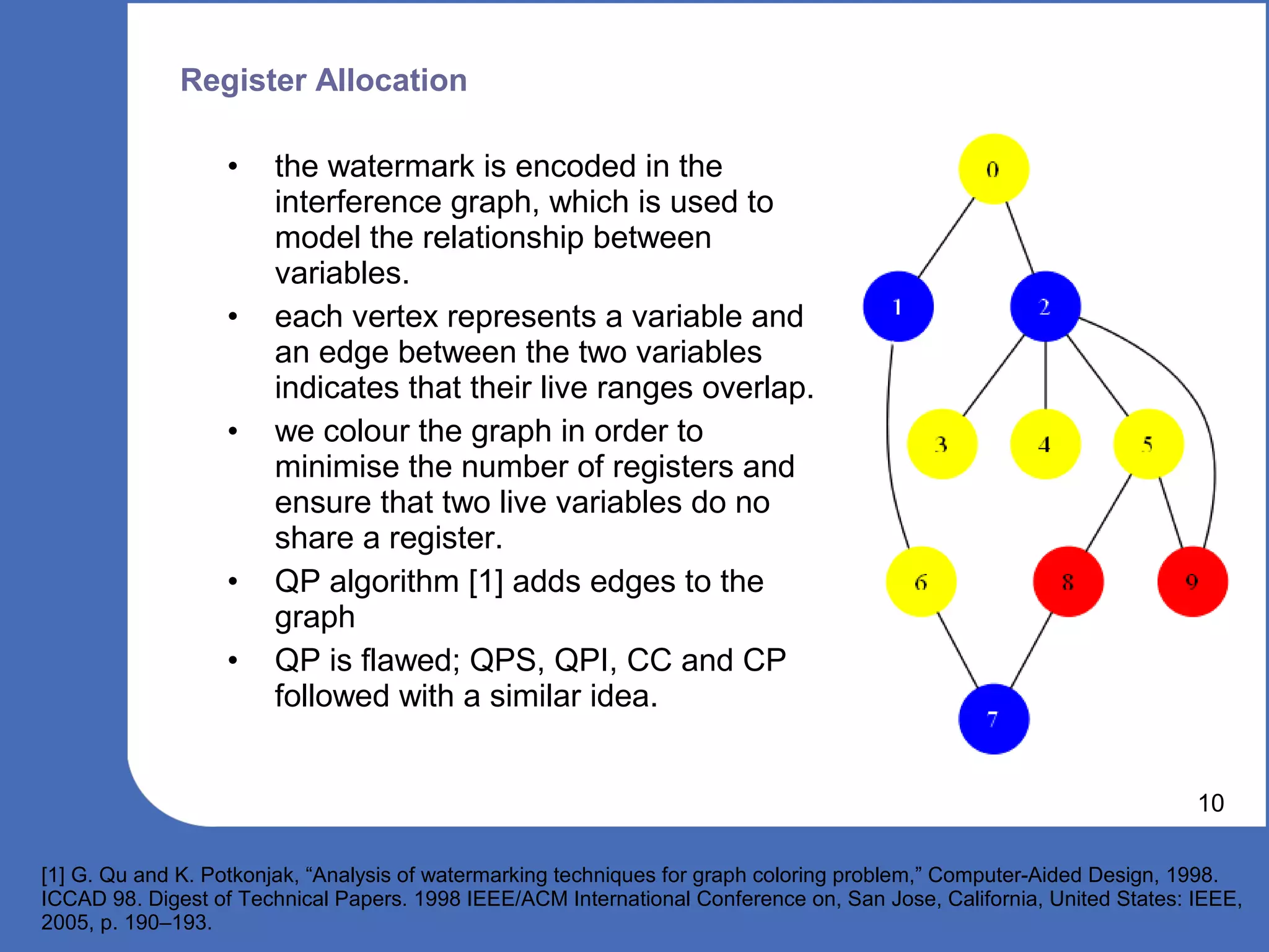 Register Allocation

                   •   the watermark is encoded in the
                       interference graph, which is used to
                       model the relationship between
                       variables.
                   •   each vertex represents a variable and
                       an edge between the two variables
                       indicates that their live ranges overlap.
                   •   we colour the graph in order to
                       minimise the number of registers and
                       ensure that two live variables do no
                       share a register.
                   •   QP algorithm [1] adds edges to the
                       graph
                   •   QP is flawed; QPS, QPI, CC and CP
                       followed with a similar idea.


                                                                                                                      10

[1] G. Qu and K. Potkonjak, “Analysis of watermarking techniques for graph coloring problem,” Computer-Aided Design, 1998.
ICCAD 98. Digest of Technical Papers. 1998 IEEE/ACM International Conference on, San Jose, California, United States: IEEE,
2005, p. 190–193.
 