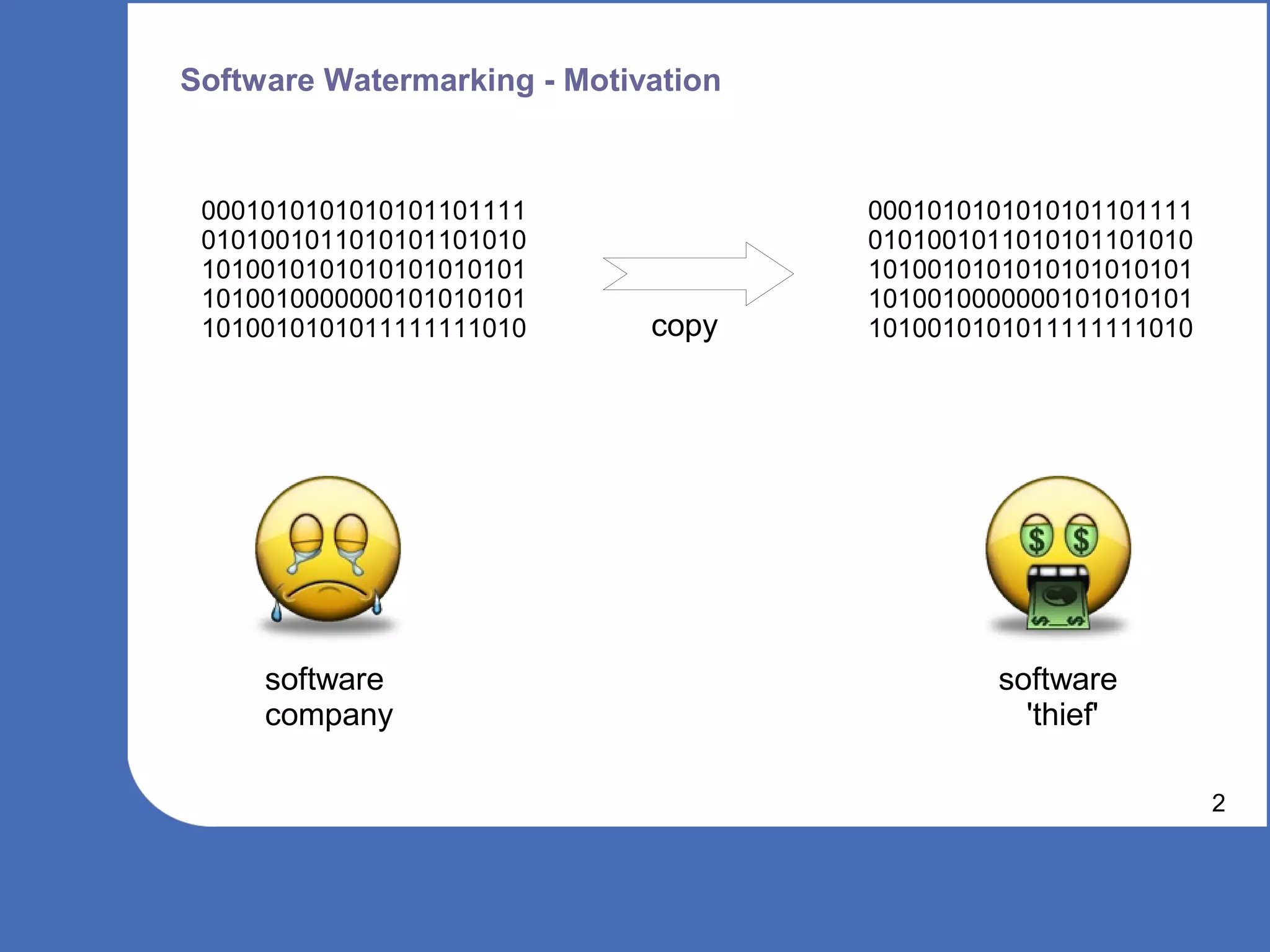 Software Watermarking - Motivation



 0001010101010101101111              0001010101010101101111
 0101001011010101101010              0101001011010101101010
 1010010101010101010101              1010010101010101010101
 1010010000000101010101              1010010000000101010101
 1010010101011111111010      copy    1010010101011111111010




     software                                software
     company                                   'thief'

                                                              2
 