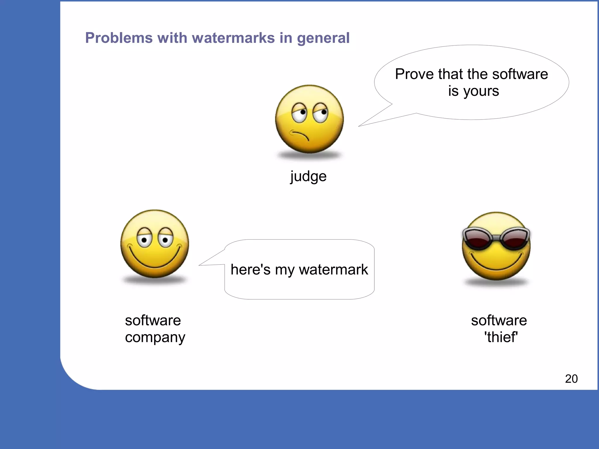Problems with watermarks in general

                                         Prove that the software
                                                 is yours




                           judge




                   here's my watermark


     software                                       software
     company                                          'thief'

                                                                   20
 