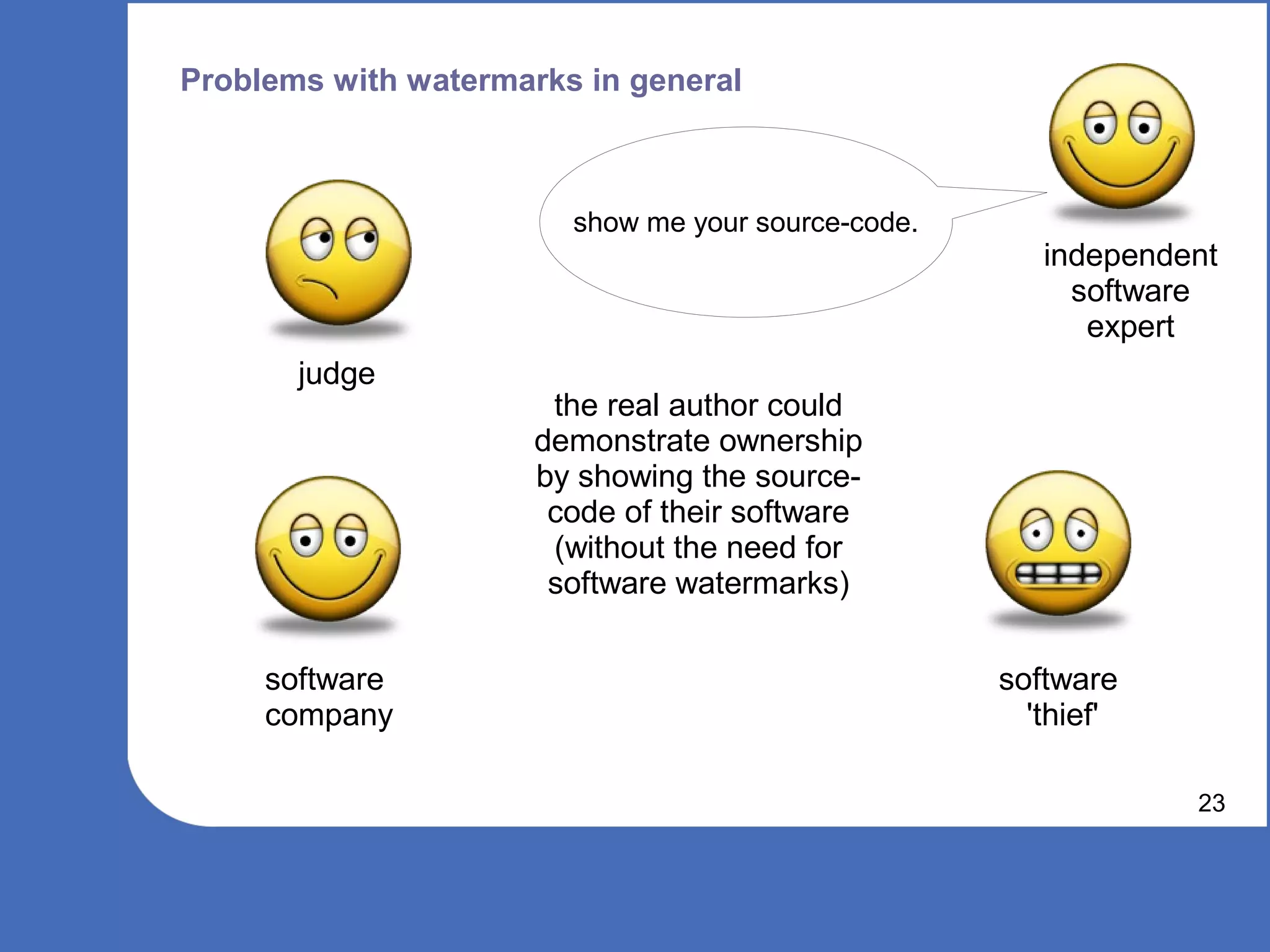 Problems with watermarks in general



                        show me your source-code.
                                                       independent
                                                         software
                                                          expert
       judge
                       the real author could
                      demonstrate ownership
                      by showing the source-
                       code of their software
                       (without the need for
                       software watermarks)


     software                                       software
     company                                          'thief'

                                                                23
 