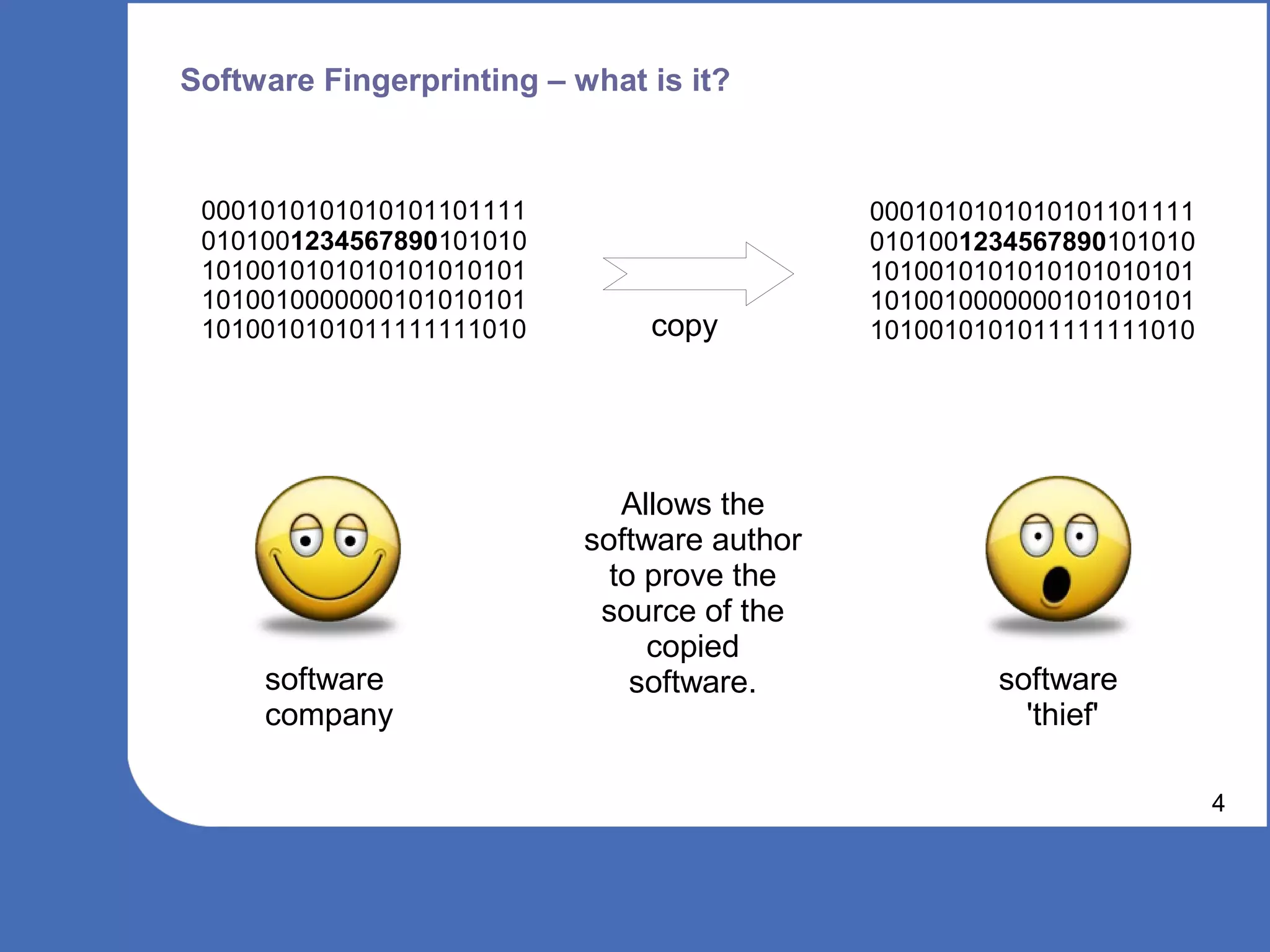 Software Fingerprinting – what is it?



 0001010101010101101111                      0001010101010101101111
 0101001234567890101010                      0101001234567890101010
 1010010101010101010101                      1010010101010101010101
 1010010000000101010101                      1010010000000101010101
 1010010101011111111010        copy          1010010101011111111010




                              Allows the
                           software author
                             to prove the
                            source of the
                                copied
     software                  software.             software
     company                                           'thief'

                                                                      4
 