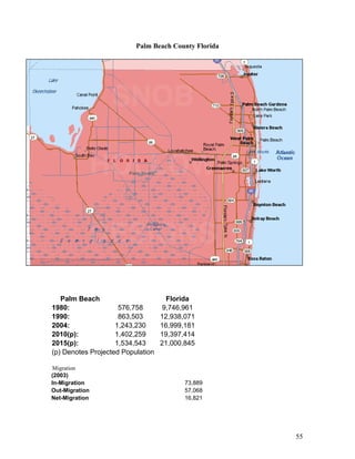 Palm Beach County Florida 
Palm Beach 
1980: 576,758 
1990: 863,503 
2004: 1,243,230 
2010(p): 1,402,259 
2015(p): 1,534,543 
(p) Denotes Projected Population 
Florida 
9,746,961 
12,938,071 
16,999,181 
19,397,414 
21,000,845 
Migration 
(2003) 
In-Migration 73,889 
Out-Migration 57,068 
Net-Migration 16,821 
55 
 