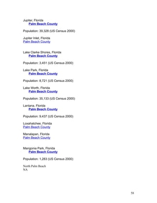 Jupiter, Florida 
Palm Beach County 
Population: 39,328 (US Census 2000) 
Jupiter Inlet, Florida 
Palm Beach County 
Lake Clarke Shores, Florida 
Palm Beach County 
Population: 3,451 (US Census 2000) 
Lake Park, Florida 
Palm Beach County 
Population: 8,721 (US Census 2000) 
Lake Worth, Florida 
Palm Beach County 
Population: 35,133 (US Census 2000) 
Lantana, Florida 
Palm Beach County 
Population: 9,437 (US Census 2000) 
Loxahatchee, Florida 
Palm Beach County 
Manalapan, Florida 
Palm Beach County 
Mangonia Park, Florida 
Palm Beach County 
Population: 1,283 (US Census 2000) 
North Palm Beach 
NA 
58 
 