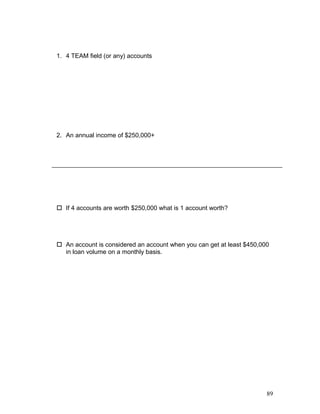 1. 4 TEAM field (or any) accounts 
2. An annual income of $250,000+ 
 If 4 accounts are worth $250,000 what is 1 account worth? 
 An account is considered an account when you can get at least $450,000 
in loan volume on a monthly basis. 
89 
 