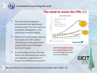  The international telecom
environment has significantly
evolved, both from the technical
and policy perspectives, and
continues to evolve rapidly
 Advances in technology mean an
increased use of IP-enabled
infrastructure and applications:
opportunities and challenges
for the ICT sector
 As technology evolves, Member
States are evaluating their policy
and regulatory approaches to
ensure an enabling environment
Shift from fixed to mobile,
from voice to data as the
drivers of traffic and main
sources of revenue
The need to revise the ITRs 2/2
 