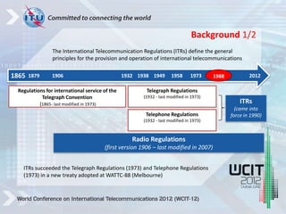 The International Telecommunication Regulations (ITRs) define the general
principles for the provision and operation of international telecommunications
1865 1988
ITRs
(came into
force in 1990)
Regulations for international service of the
Telegraph Convention
(1865- last modified in 1973)
Telephone Regulations
(1932 - last modified in 1973)
Radio Regulations
(first version 1906 – last modified in 2007)
1906 1973
1958
1949
1938
1879 1932
Telegraph Regulations
(1932 - last modified in 1973)
2012
ITRs succeeded the Telegraph Regulations (1973) and Telephone Regulations
(1973) in a new treaty adopted at WATTC-88 (Melbourne)
Background 1/2
 