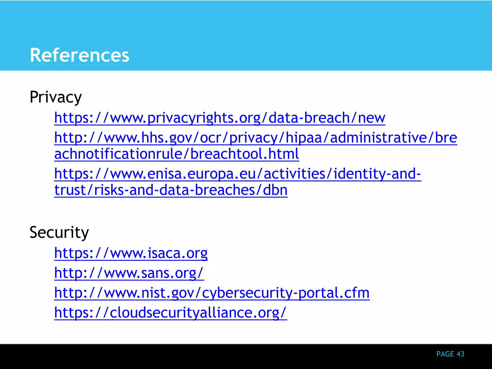 PAGE 43 
References 
Privacy 
https://www.privacyrights.org/data-breach/new 
http://www.hhs.gov/ocr/privacy/hipaa/administrative/bre 
achnotificationrule/breachtool.html 
https://www.enisa.europa.eu/activities/identity-and-trust/ 
risks-and-data-breaches/dbn 
Security 
https://www.isaca.org 
http://www.sans.org/ 
http://www.nist.gov/cybersecurity-portal.cfm 
https://cloudsecurityalliance.org/ 
 