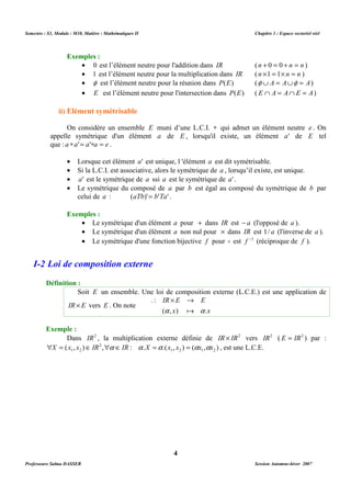 Semestre : S3, Module : M10, Matière : Mathématiques II Chapitre 1 : Espace vectoriel réel 
· 0 est l’élément neutre pour l'addition dans IR ( n + 0 = 0 + n = n ) 
· 1 est l’élément neutre pour la multiplication dans IR ( n ´1 = 1´ n = n ) 
· f est l’élément neutre pour la réunion dans P(E) (f È A = AÈf = A) 
· E est l’élément neutre pour l'intersection dans P(E) ( E Ç A = AÇ E = A) 
On considère un ensemble E muni d’une L.C.I. * qui admet un élément neutre e . On 
appelle symétrique d'un élément a de E , lorsqu'il existe, un élément a' de E tel 
que : a *a'= a'*a = e . 
· Lorsque cet élément a' est unique, l 'élément a est dit symétrisable. 
· Si la L.C.I. est associative, alors le symétrique de a , lorsqu’il existe, est unique. 
· a' est le symétrique de a ssi a est le symétrique de a' . 
· Le symétrique du composé de a par b est égal au composé du symétrique de b par 
· Le symétrique d'un élément a pour + dans IR est - a (l'opposé de a ). 
· Le symétrique d'un élément a non nul pour ´ dans IR est 1/ a (l'inverse de a ). 
· Le symétrique d'une fonction bijective f pour o est f -1 (réciproque de f ). 
Soit E un ensemble. Une loi de composition externe (L.C.E.) est une application de 
´ ® 
IR E 
( , ) . 
a x 
a a 
Dans IR2 , la multiplication externe définie de IR ´ IR2 vers IR2 ( E = IR2 ) par : 
( , ) , : . .( , ) ( , ) 1 2 1 2 
1 2 X = x x Î IR a Î IR a X =a x x = ax ax , est une L.C.E. 
4 
Exemples : 
ii) Elément symétrisable 
celui de a : (aTb)'= b'Ta' . 
Exemples : 
I-2 Loi de composition externe 
Définition : 
IR ´ E vers E . On note 
x 
E 
. : 
Exemple : 
2 
Professeure Salma DASSER Session Automne-hiver 2007 
 