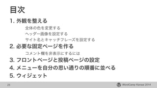 WordCamp Kansai 2014WordCamp Kansai 2014
目次
1. 外観を整える
全体の色を変更する
ヘッダー画像を設定する
サイト名とキャッチフレーズを設定する
2. 必要な固定ページを作る
コメント欄を非表示にするには
3. フロントページと投稿ページの設定
4. メニューを自分の思い通りの順番に並べる
5. ウィジェット
25
 